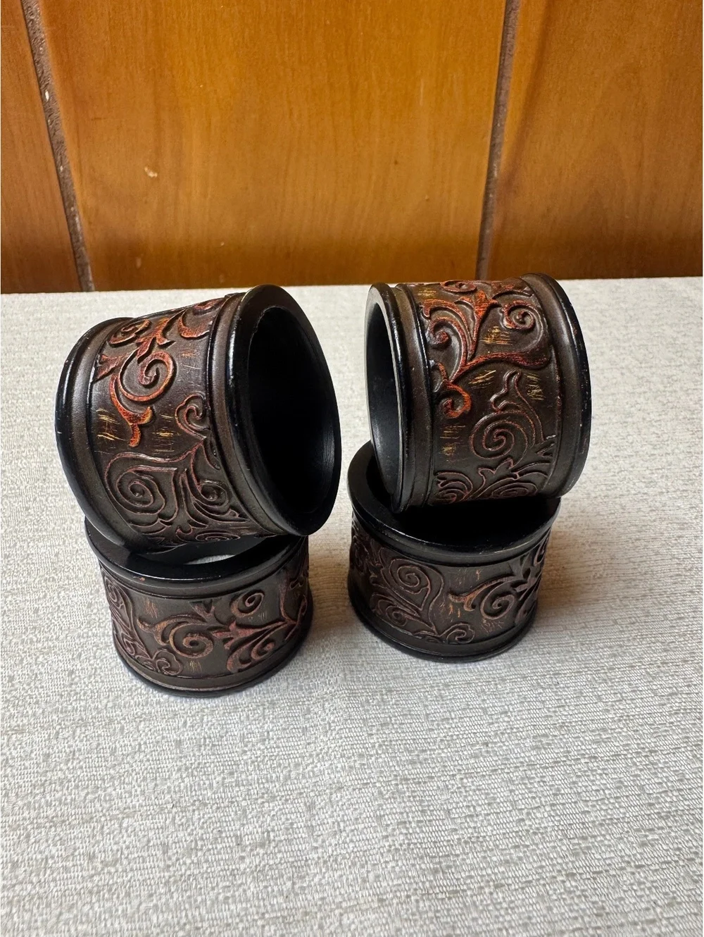 Vintage Set of 4 Embossed Napkin Rings Brown Scroll Floral Rustic Table Decor